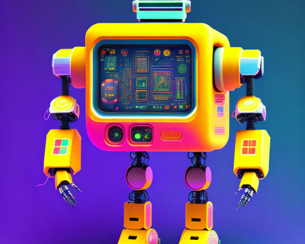 Colorful Stylized Robot Illustration with Square Body and Intricate Circuitry on Purple Background