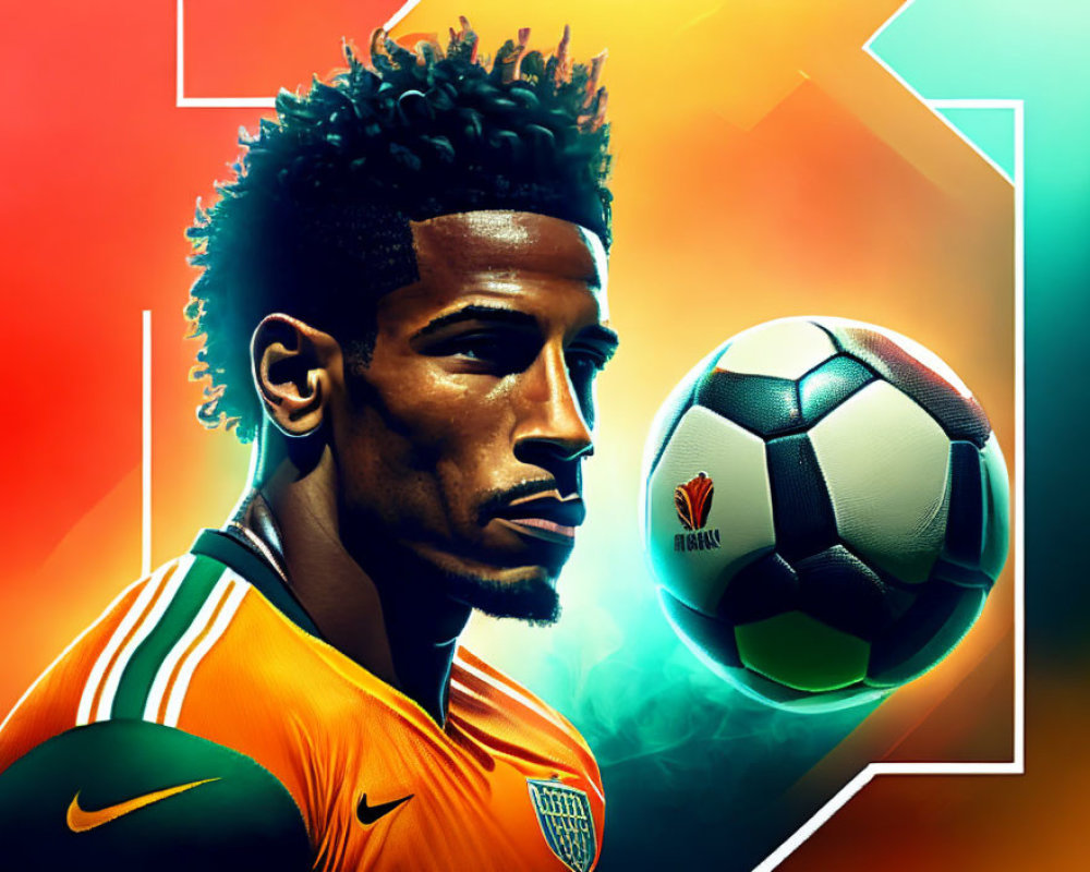 Male Soccer Player Portrait with Afro and Ball on Shoulder in Vibrant Colors
