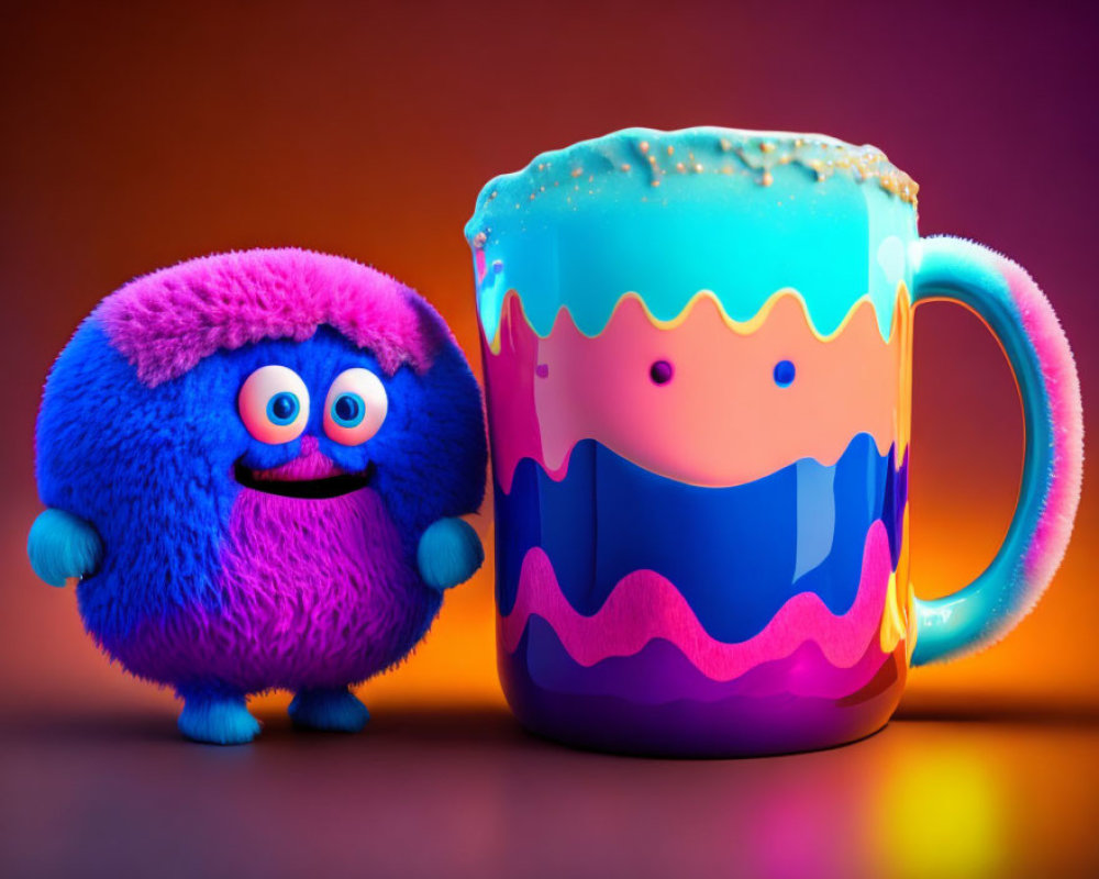 Colorful furry creature and smiling mug on gradient background