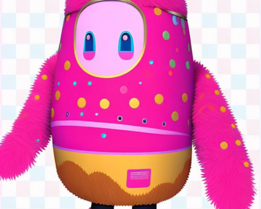 Colorful animated character with pink furry head, dotted body, brown belt, and sneakers