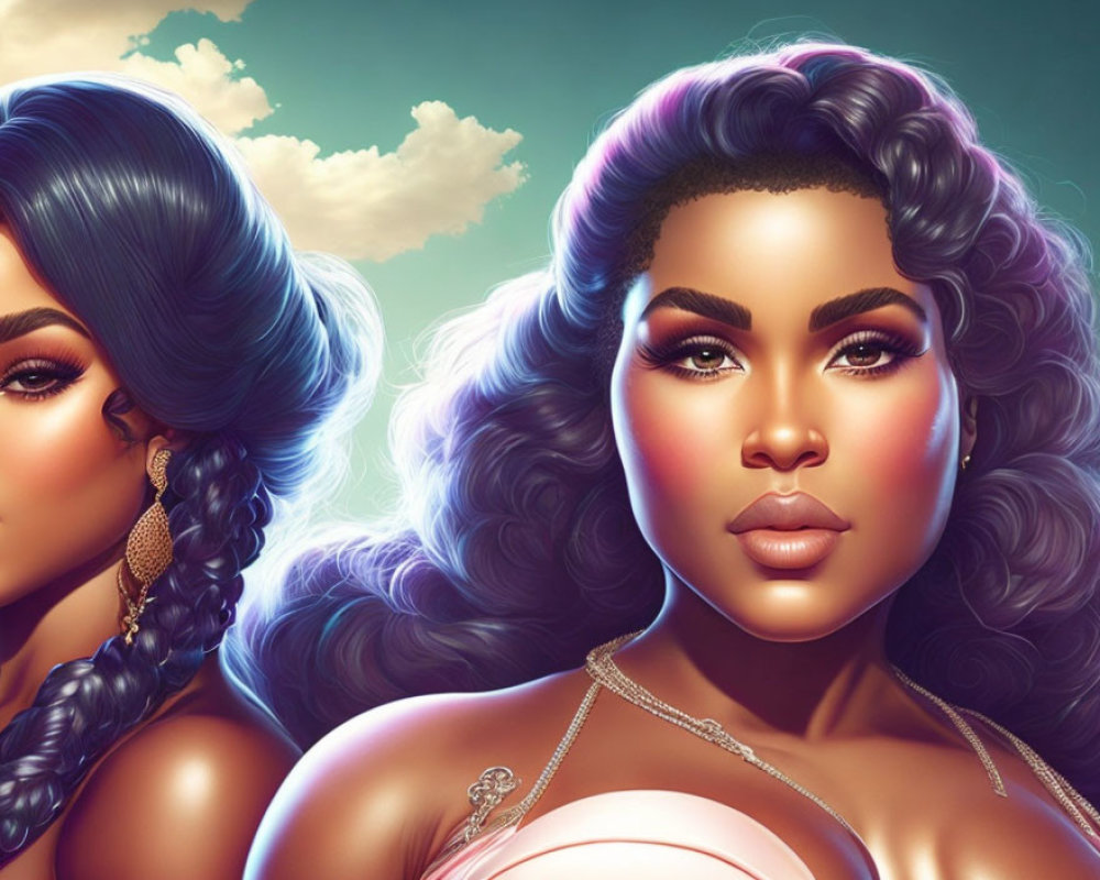 Vibrant digital artwork: two women with stylized hair and makeup