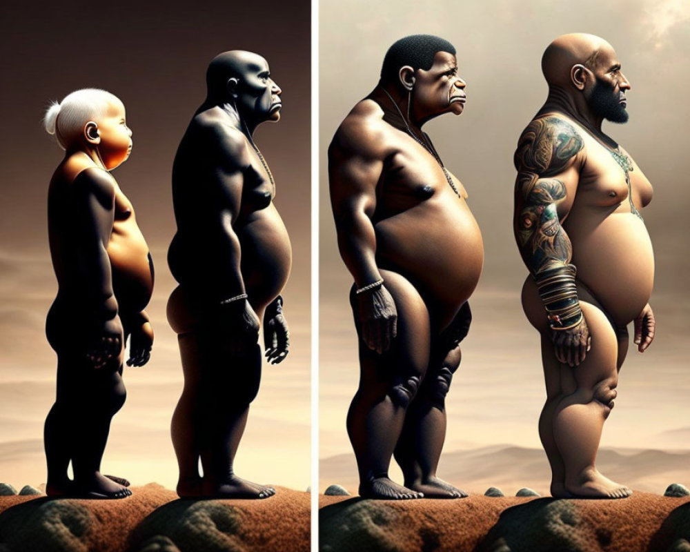 Stylized male figures in a line, thin to muscular, with tattoos.