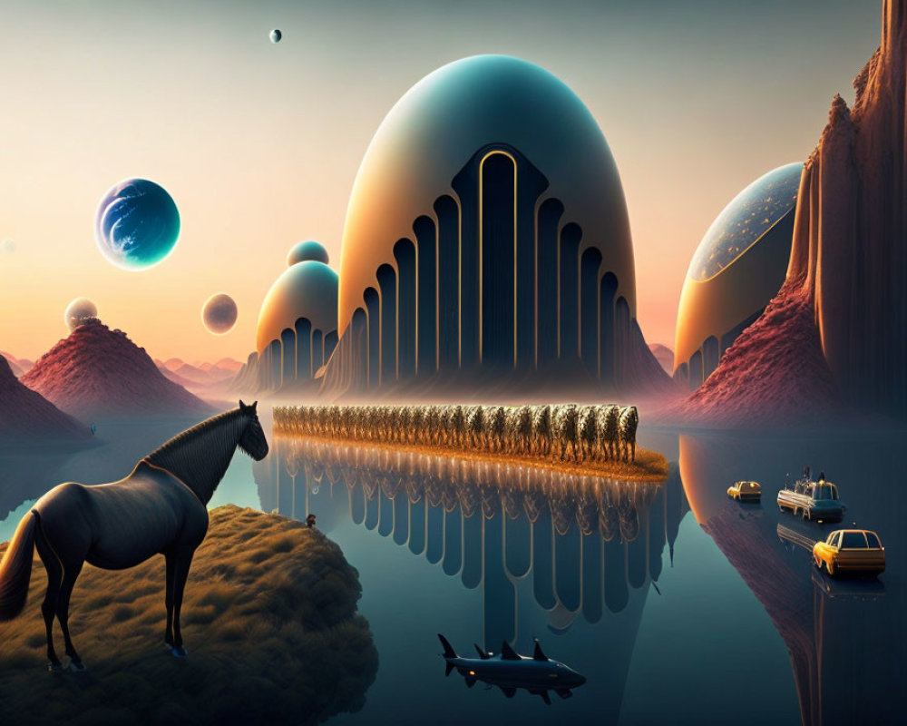 Horse by still lake with futuristic domed structures and surreal landscape