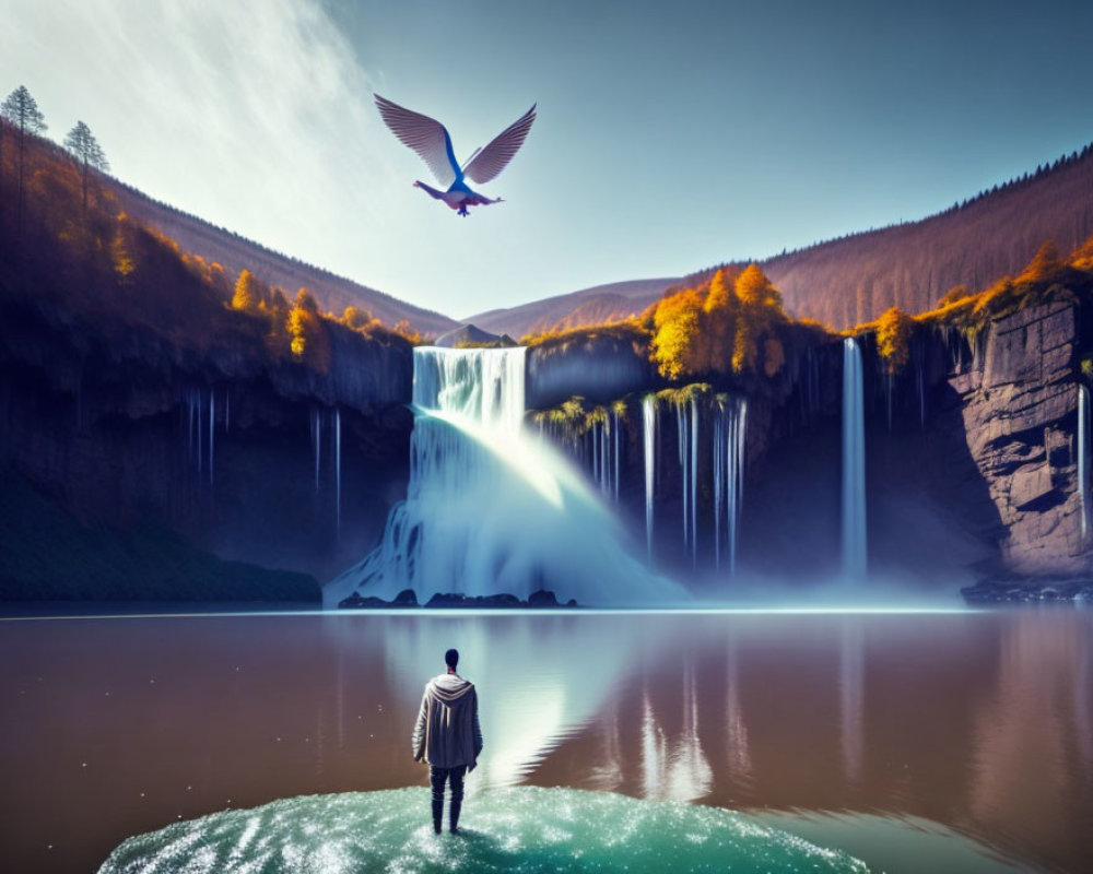 Tranquil lake with waterfall, autumn trees, and bird in flight