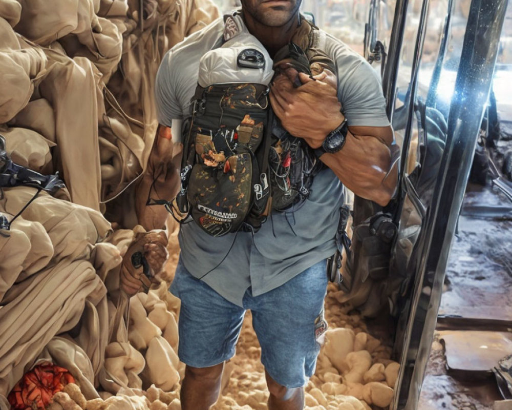 Muscular man in cluttered workshop with backpack strap and automotive parts