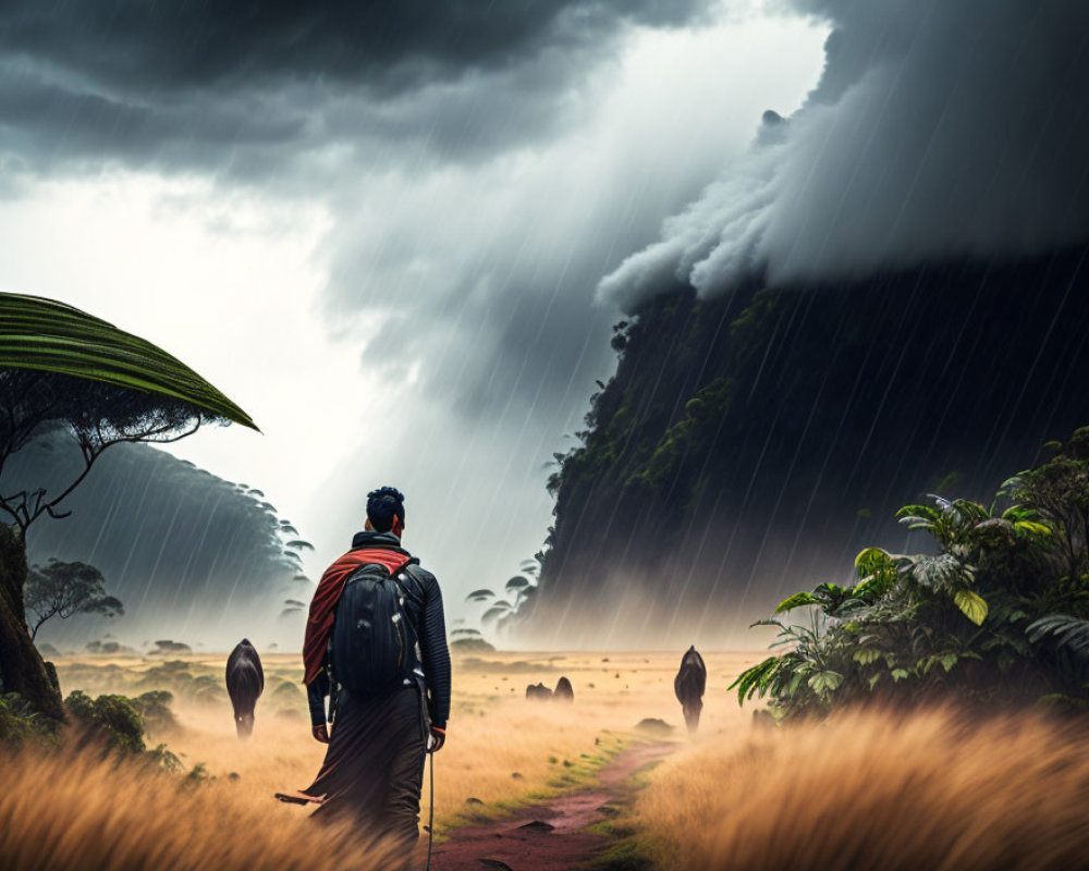 Person with backpack walking towards herd under stormy sky