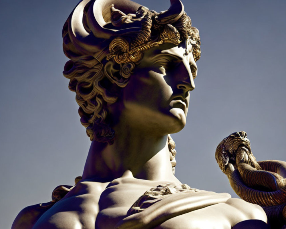 Muscular man statue with horned helmet and serpent against clear sky