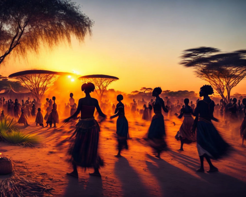 Silhouetted figures dancing in vibrant African sunset scene