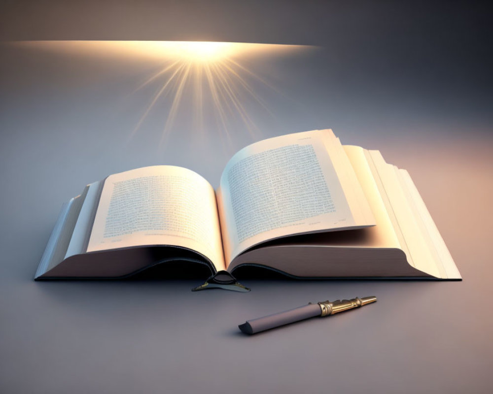 Open book with radiant light illuminating pages and pen on neutral background