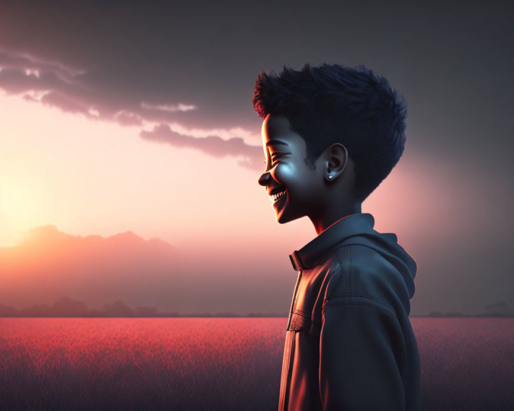 Smiling boy with unique hairdo gazes at sunset field