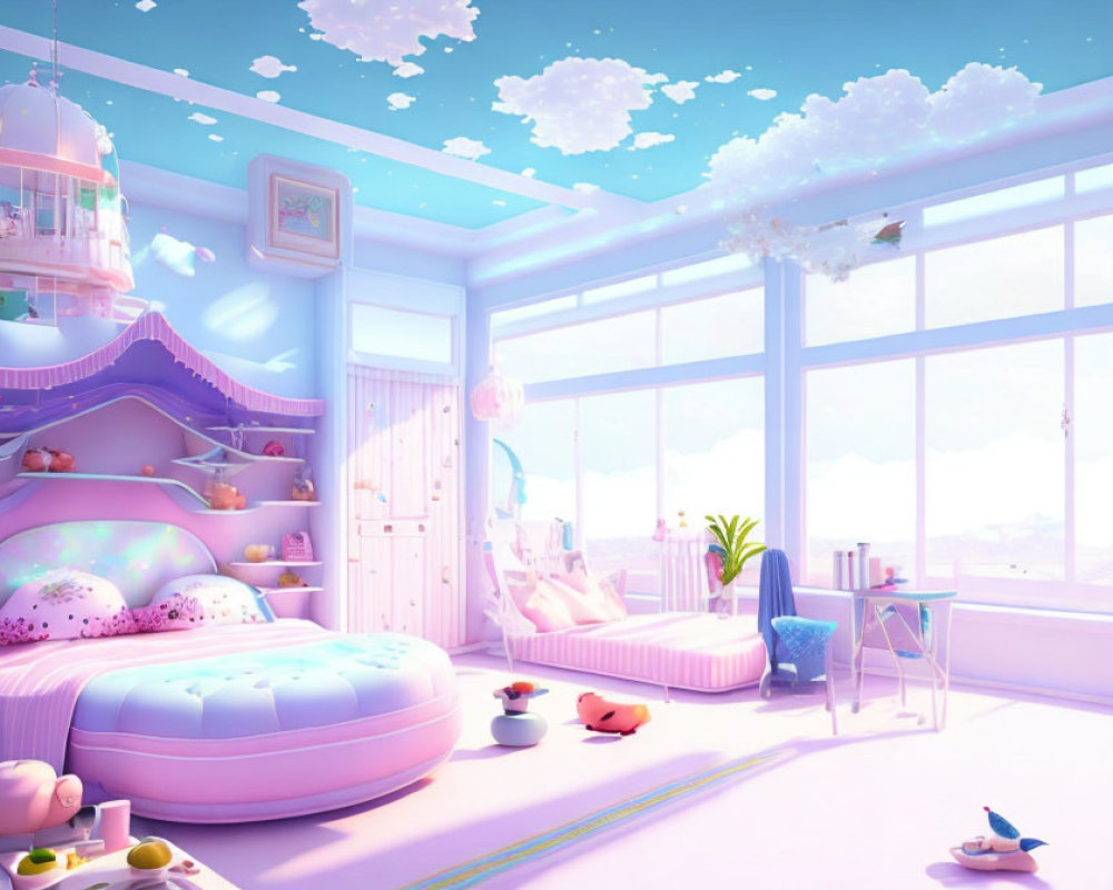 Pastel-colored bedroom with round bed and cloud-painted ceiling