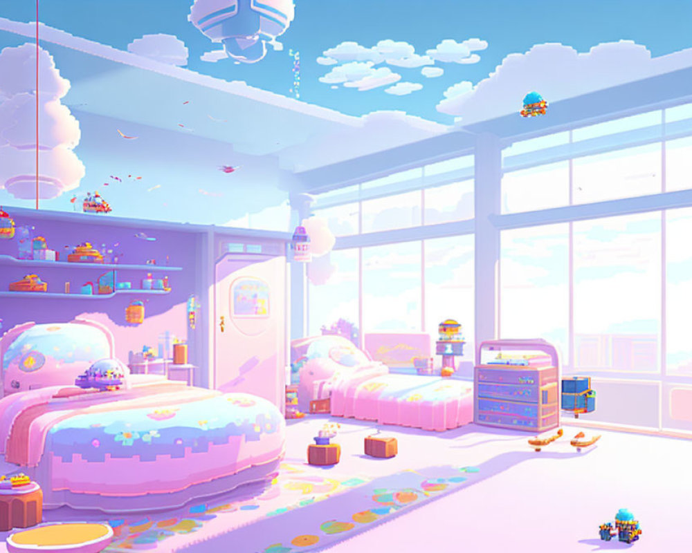 Whimsical pastel-colored bedroom with floating islands and futuristic elements