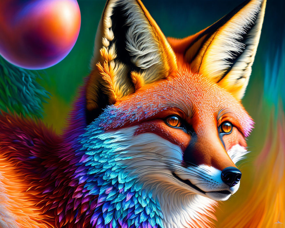 Colorful Digital Artwork: Fox with Rainbow Fur Texture on Abstract Background