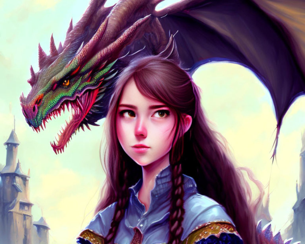 Braided hair woman faces majestic dragon in fantasy setting
