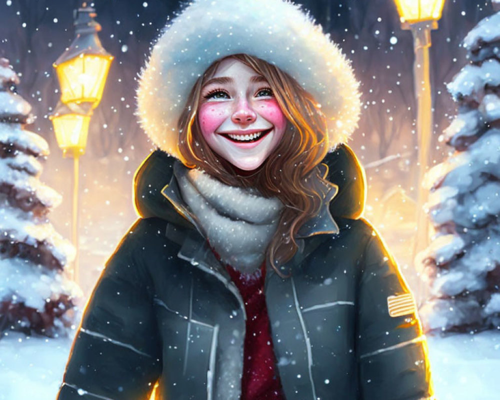 Smiling Person in Winter Clothing in Snowy Scene