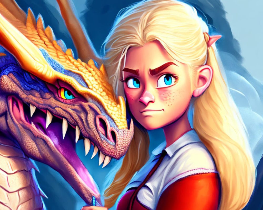 Golden-scaled dragon and blonde warrior with pointed ears in intense gaze