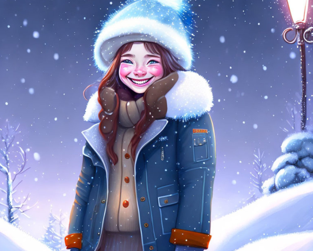 Person in Winter Attire Smiling by Snowy Streetlamp