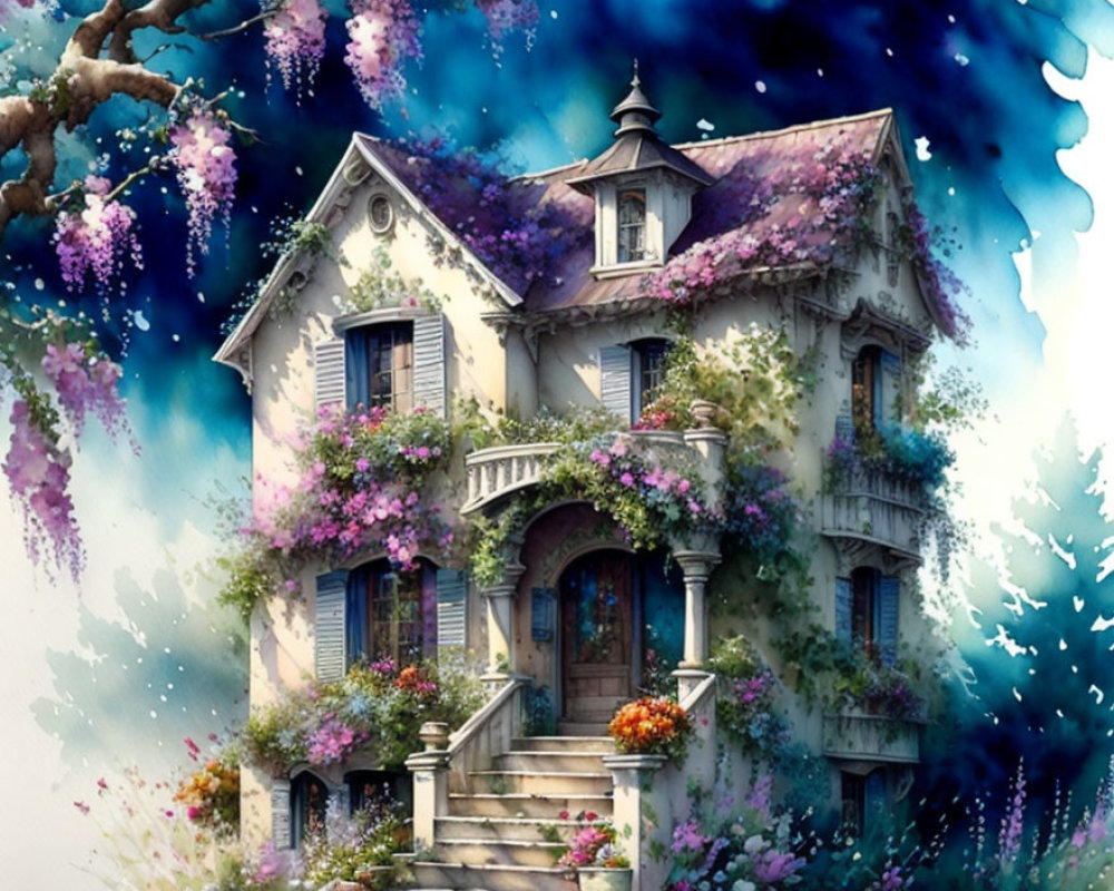 Illustration: Two-story Victorian house surrounded by vibrant flowers in a mystical forest