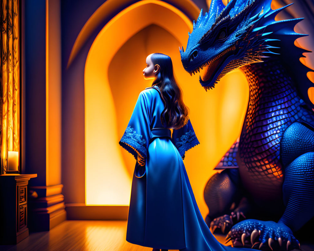 Woman in elegant blue dress with majestic blue dragon in ornate room