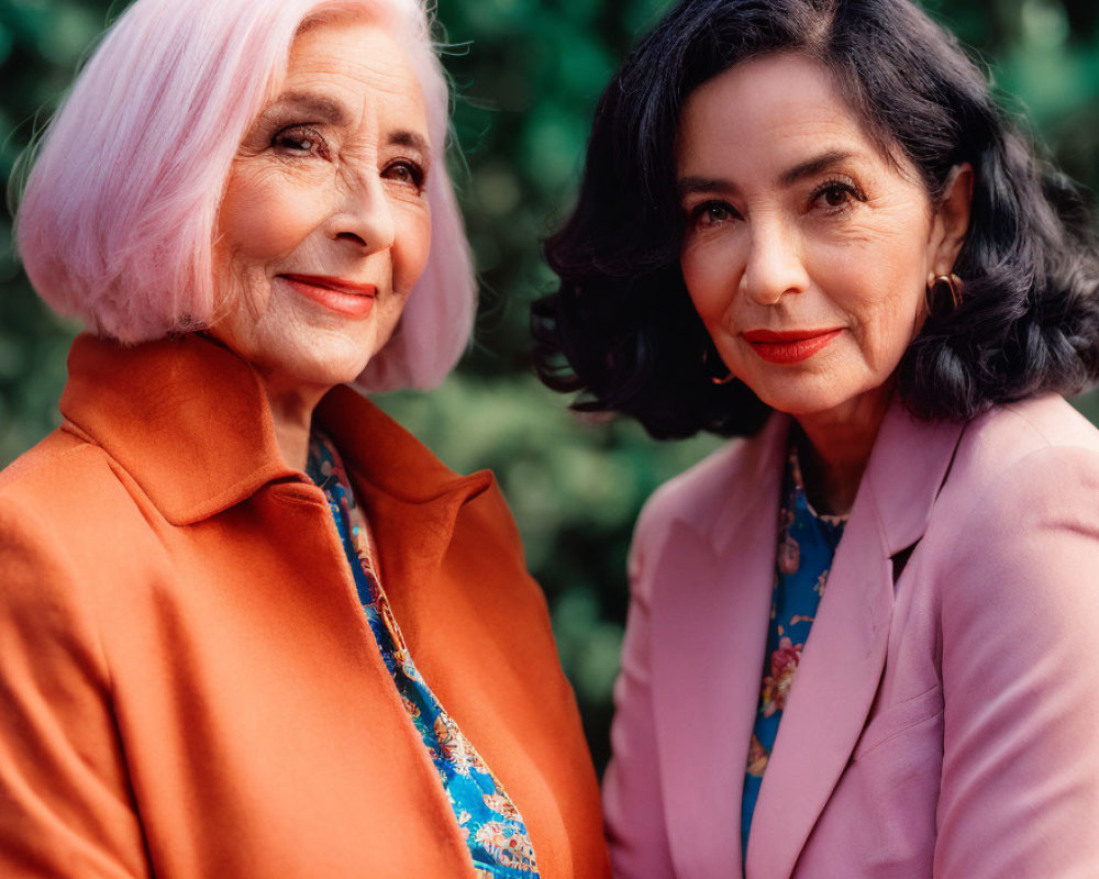 Stylish elderly women with vibrant hair smiling outdoors