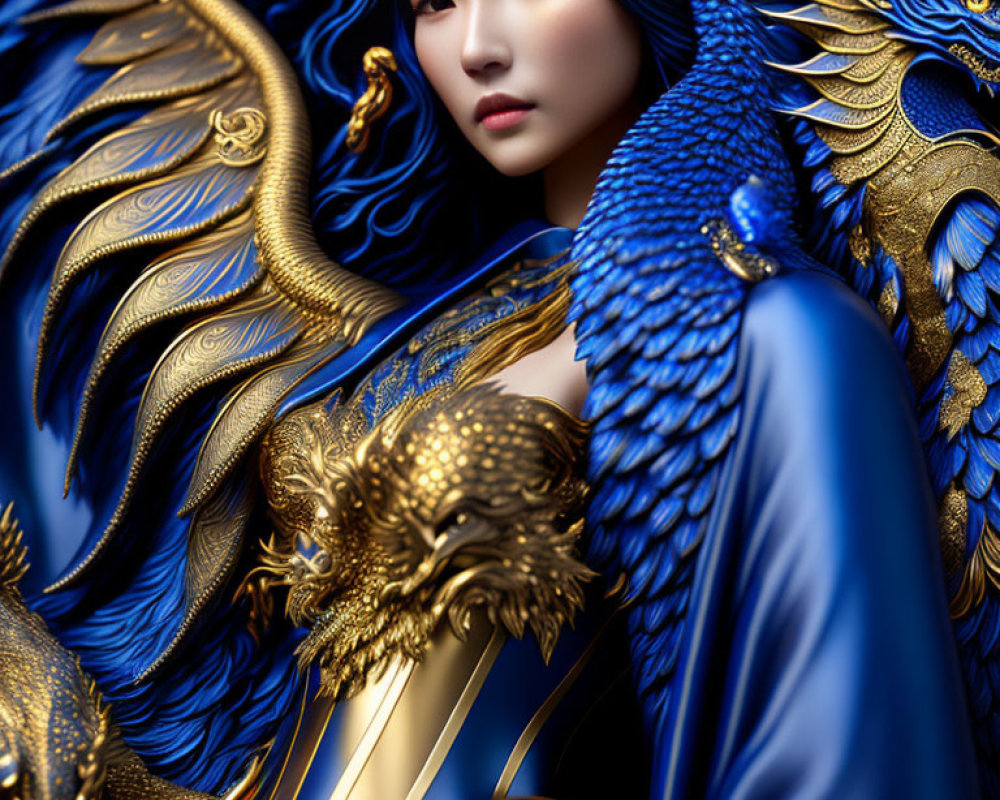 Woman in blue and gold attire with phoenix motifs symbolizing regal mythology