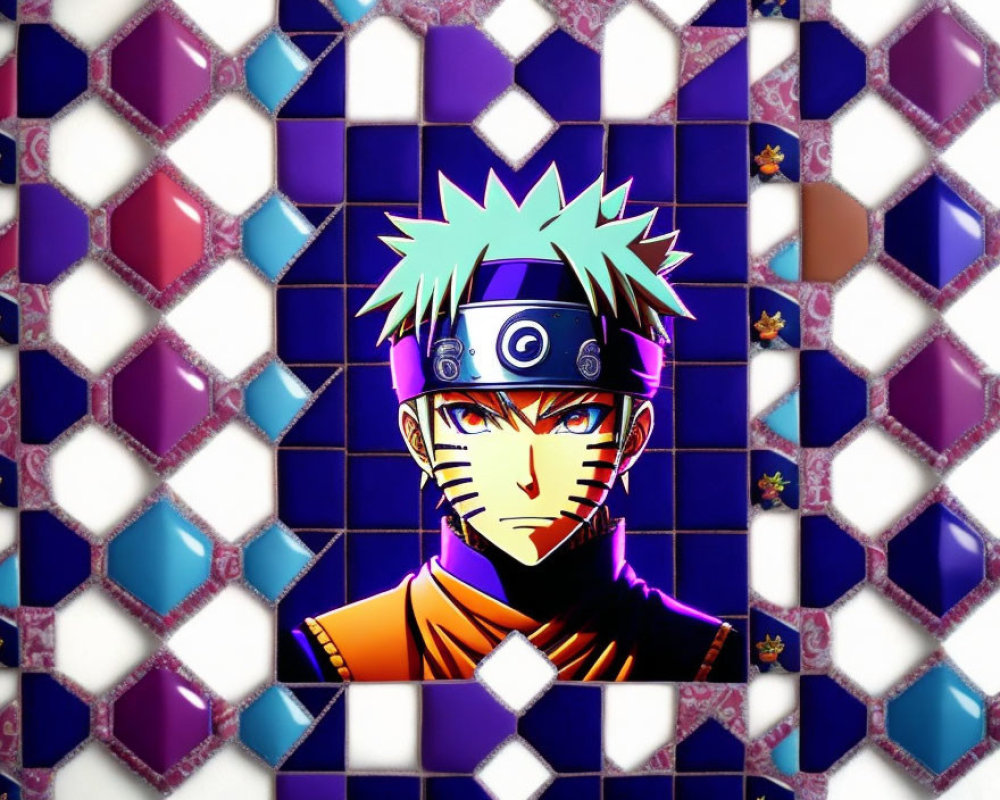 Vibrant mosaic background with animated character featuring spiky hair and unique facial markings.