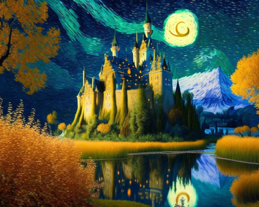 Impressionistic painting of fairy-tale castle at night with starry sky, water reflection, autumn