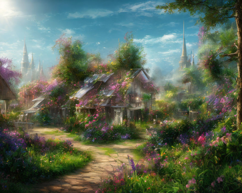 Tranquil garden pathway with vibrant flowers and majestic spires