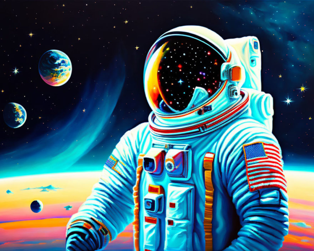 Astronaut in spacesuit with reflective visor in cosmic scene