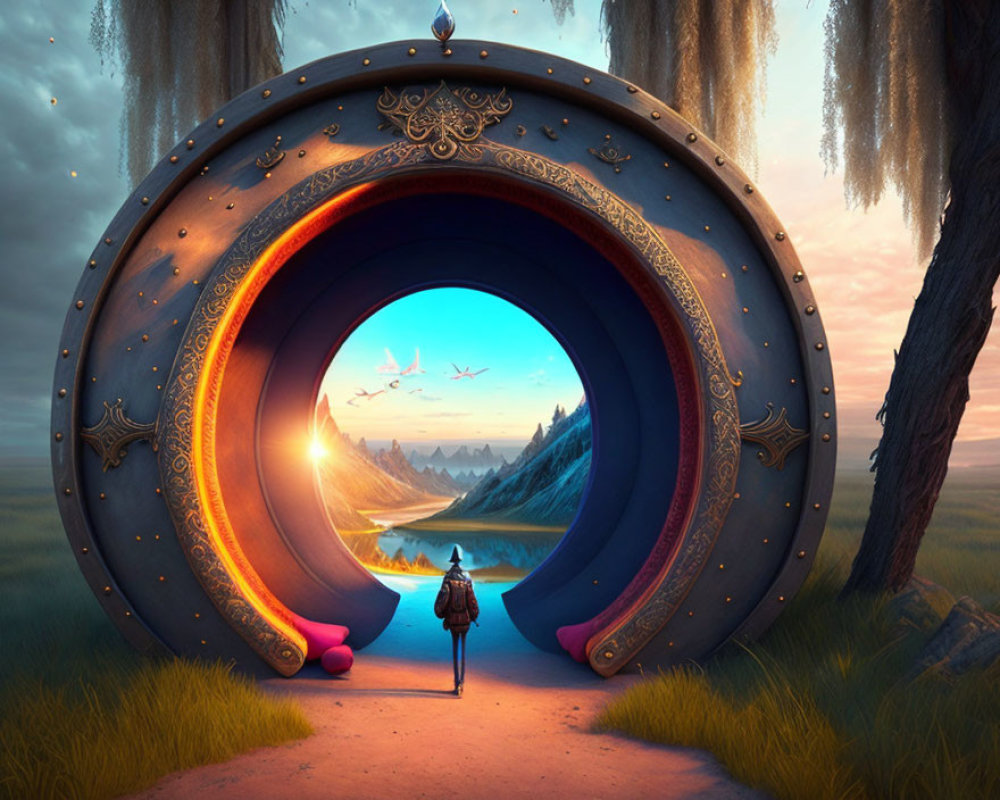 Fantasy landscape with ornate circular portal at sunset