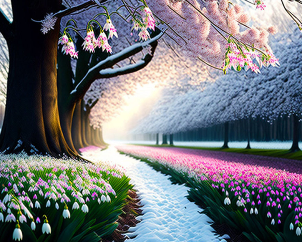 Scenic pathway with cherry blossoms and vibrant flowers at sunset
