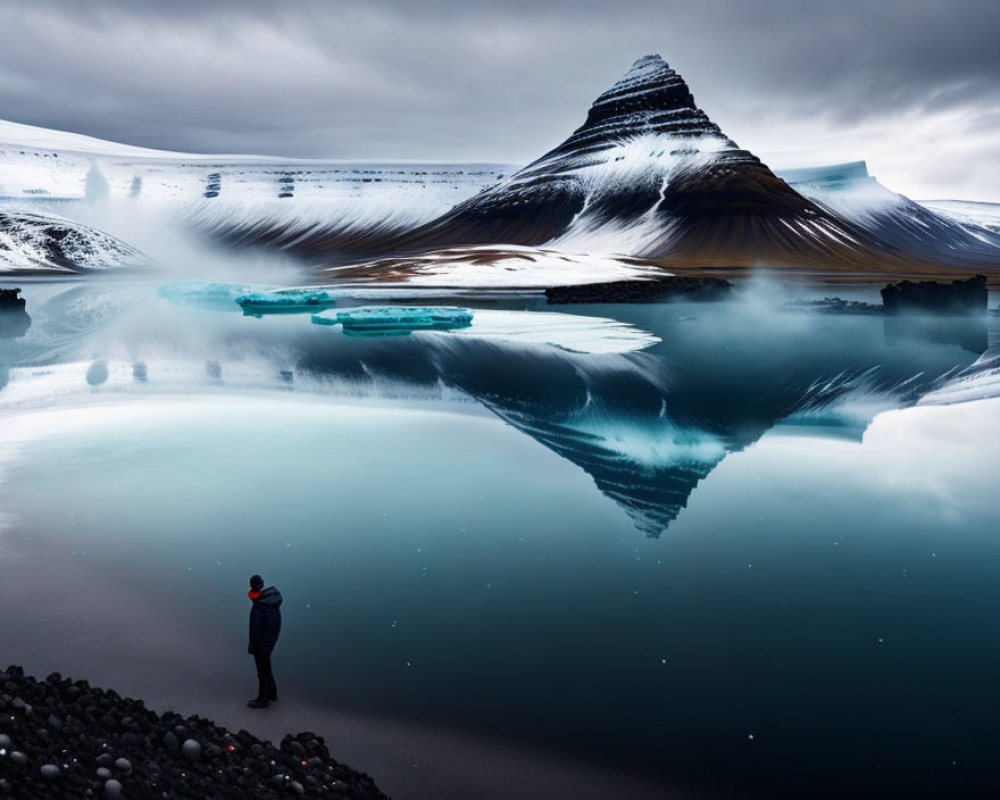 Snow-capped mountain reflected in serene lake with floating ice