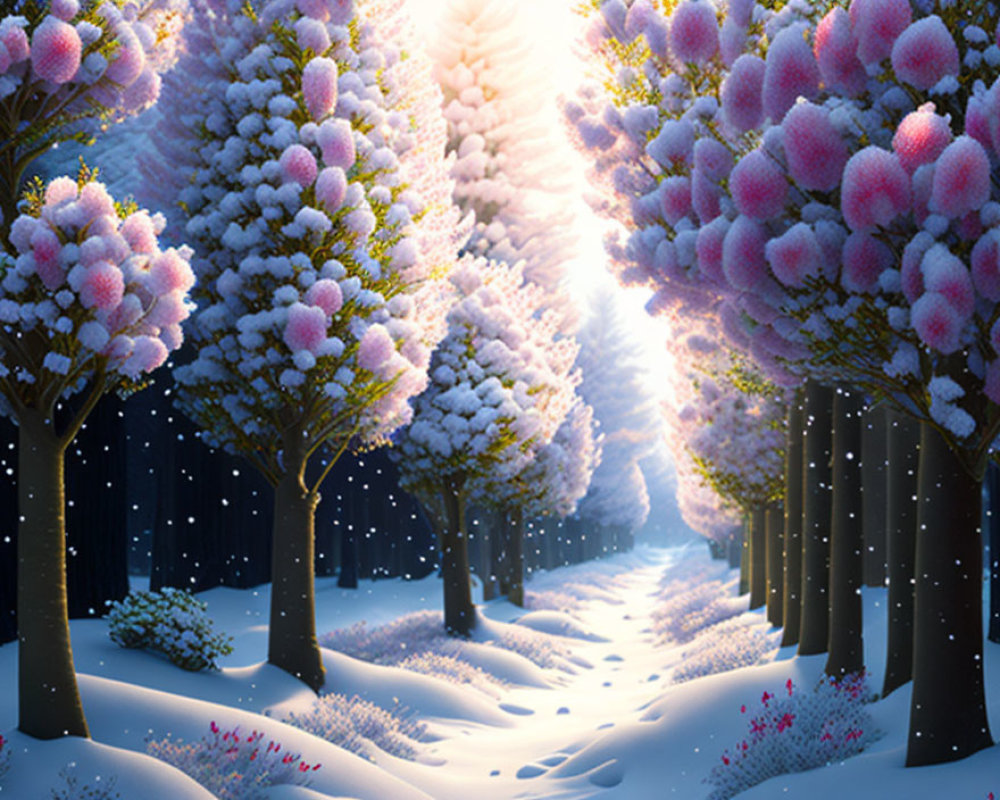 Snowy Path with Pink Blossoming Trees and Glowing Light