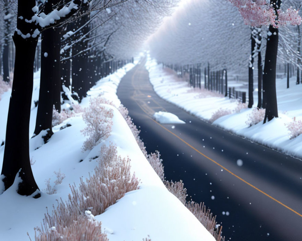 Snowy Road Flanked by Snow-Covered Trees and Pink Blossoms