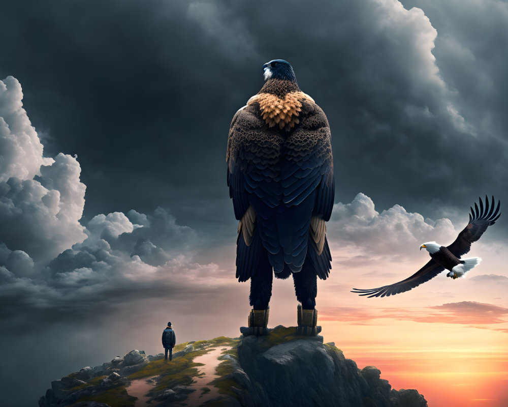 Gigantic eagle overlooking coastal landscape at dusk