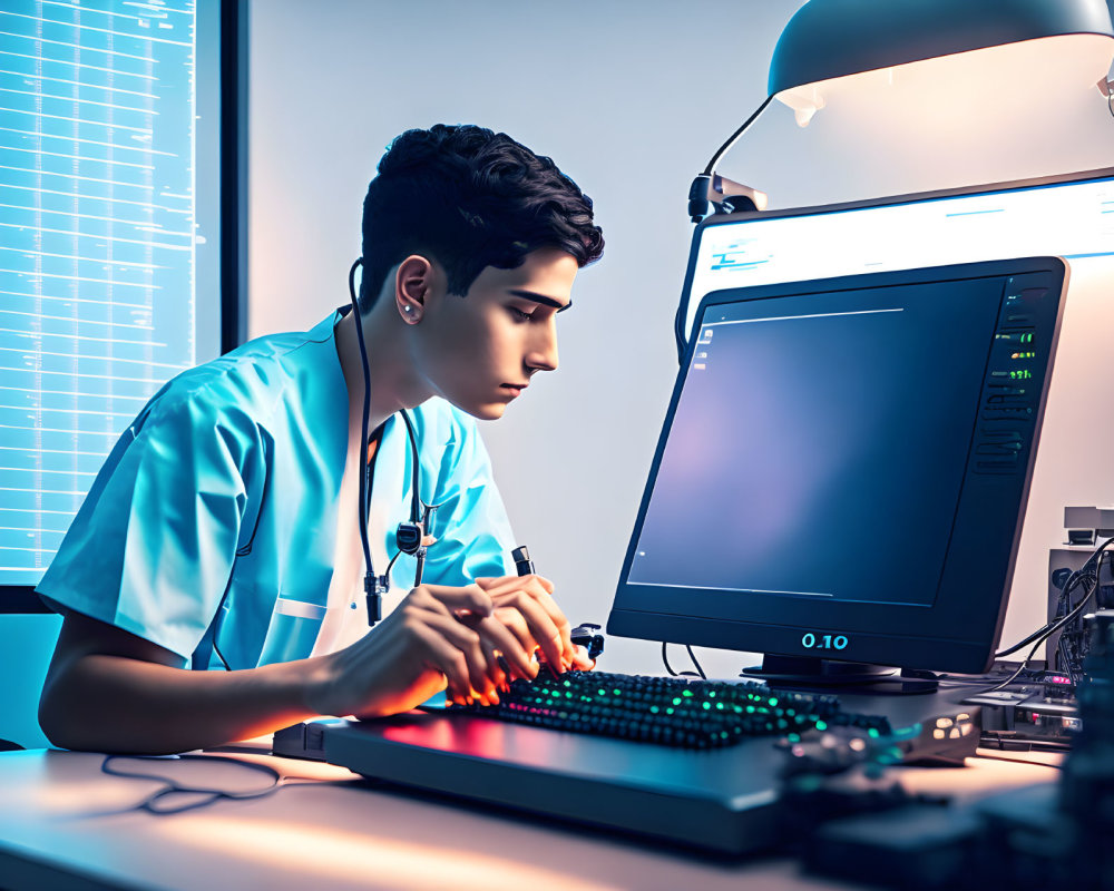 Medical professional in scrubs with stethoscope using backlit keyboard in blue-lit room