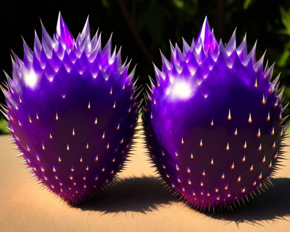 Vibrant purple spiky fantasy fruits on shadowed background with sunlight.