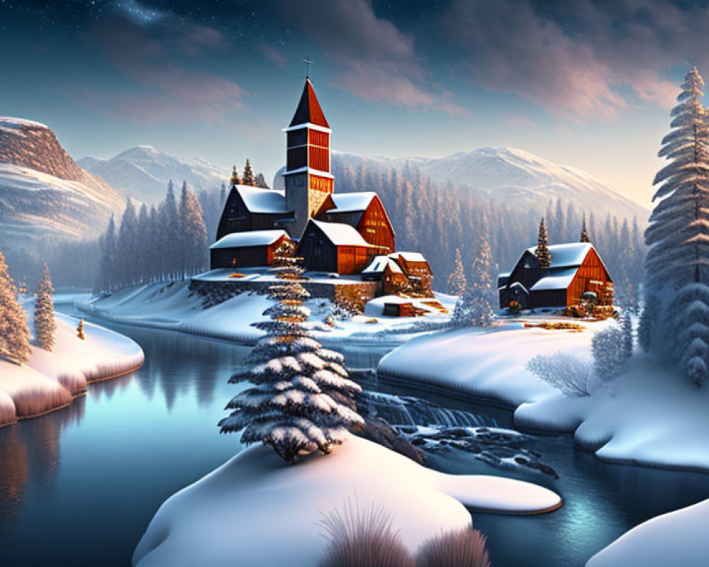 Winter scene: Church, houses, snow-covered trees, river, mountains, twilight sky