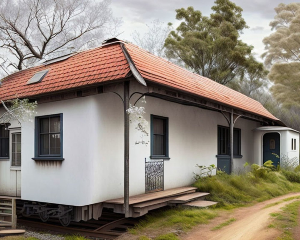 White house with red roof on rail tracks in rustic landscape with white dog and leafless trees.