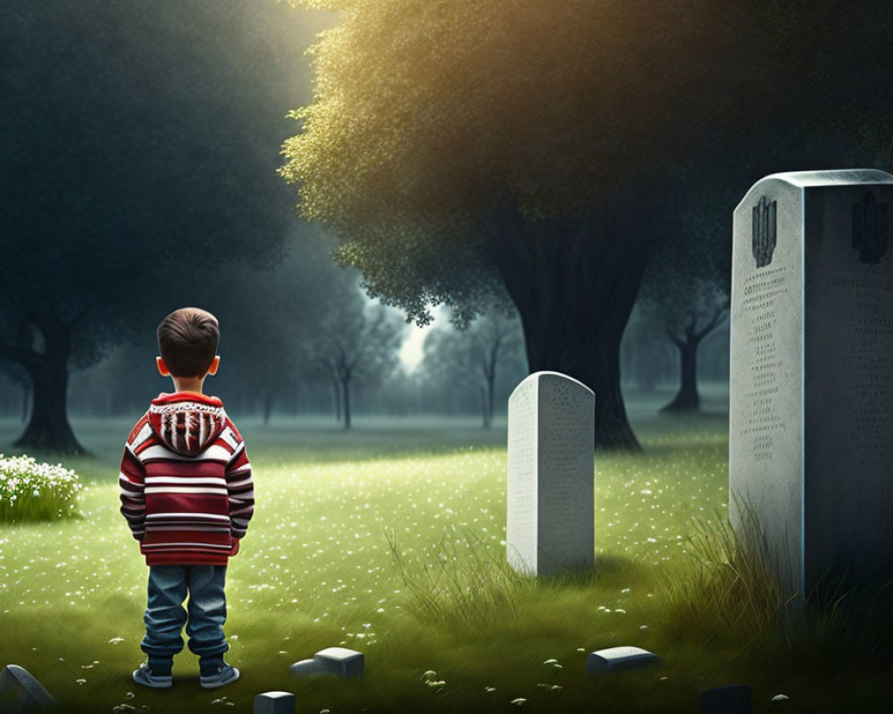 Young boy in striped red hoodie at cemetery with gravestones and misty trees
