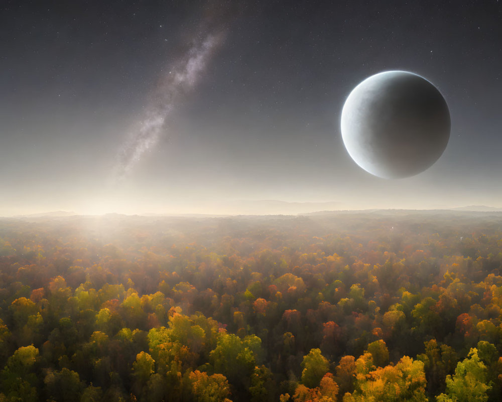 Autumn forest under twilight sky with celestial body and starry trail