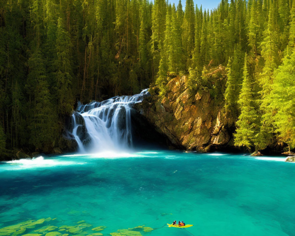 Scenic turquoise lake with boat, waterfall, and evergreen forests