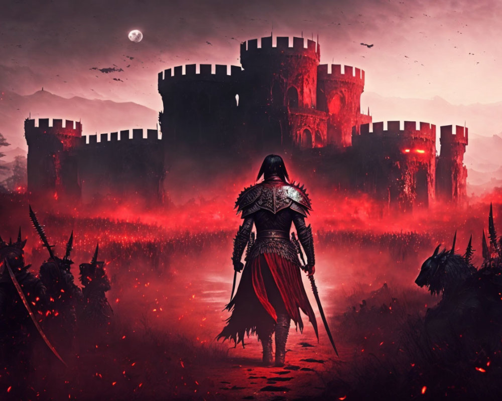 Armored warrior in misty battlefield by castle under crescent moon