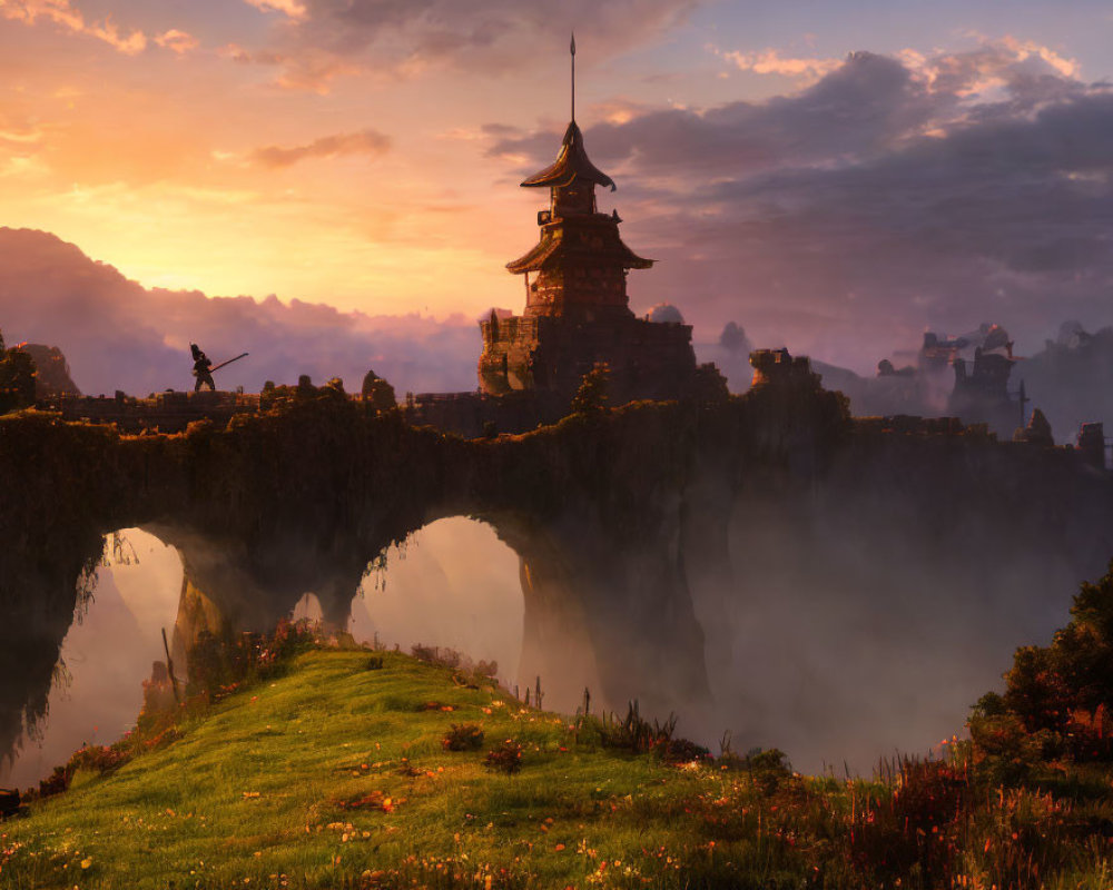 Fantasy landscape with ancient pagoda, mist, sunset, and figure with sword