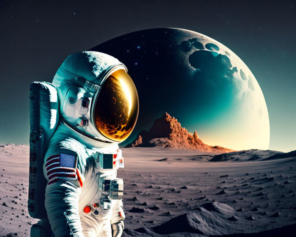 Astronaut on barren lunar surface with rising planet under starry sky