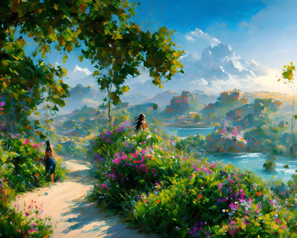 Colorful painting of two figures in nature with mountains and river view