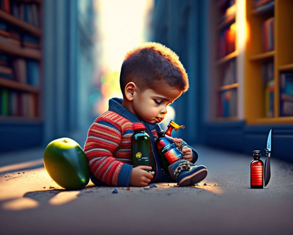 Child playing with toy while fixing sneaker in book aisle with apple and bottle