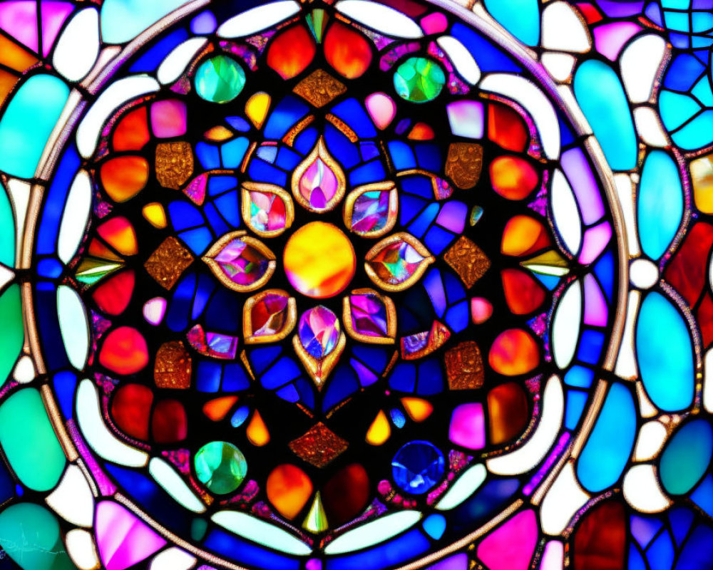 Colorful Mandala Stained Glass Window with Lotus Design