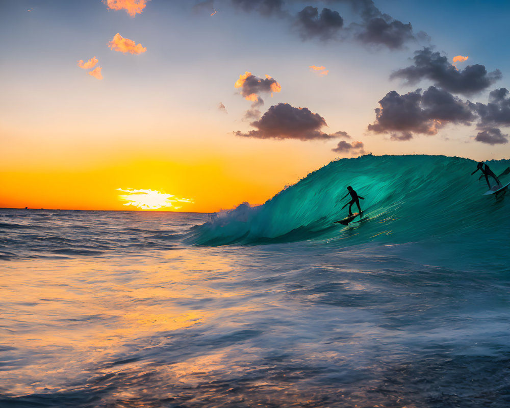 Surfers riding cresting wave at stunning sunset with orange and blue skies