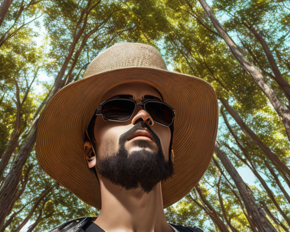 Person in wide-brimmed hat and sunglasses surrounded by lush trees.